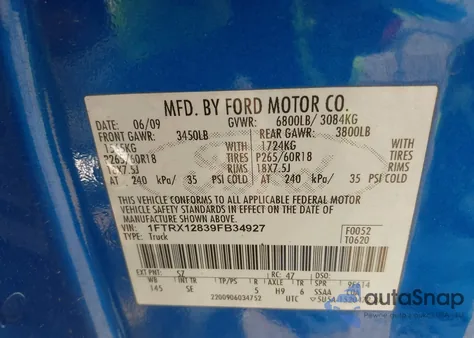 2009 Ford F-150 Stx/Xl/Xlt z USA, uszkodzony, nr VIN 1FTRX12839FB34927